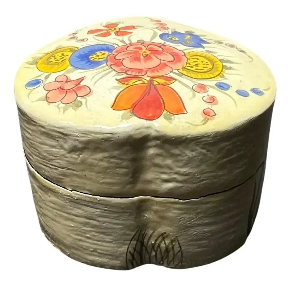 Vintage Heart Shaped Floral Trinket Box Hand Painted Folk Art Style